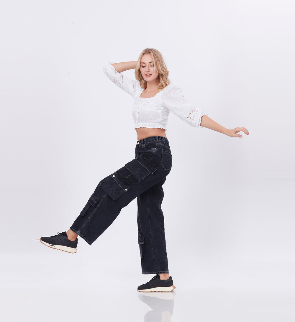 Blum Denim Women's (1801) Black Straight Fit High-Waist Cargo: Stretchable Knitted Denim Jeans for Effortless Style