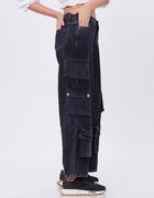 Blum Denim Women's (1801) Black Straight Fit High-Waist Cargo: Stretchable Knitted Denim Jeans for Effortless Style