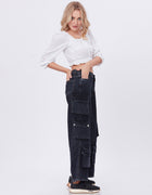 Blum Denim Women's (1801) Black Straight Fit High-Waist Cargo: Stretchable Knitted Denim Jeans for Effortless Style