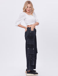 Blum Denim Women's (1801) Black Straight Fit High-Waist Cargo: Stretchable Knitted Denim Jeans for Effortless Style
