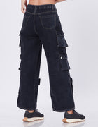 Blum Denim Women's (1801) Black Straight Fit High-Waist Cargo: Stretchable Knitted Denim Jeans for Effortless Style