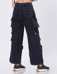 Blum Denim Women's (1801) Black Straight Fit High-Waist Cargo: Stretchable Knitted Denim Jeans for Effortless Style