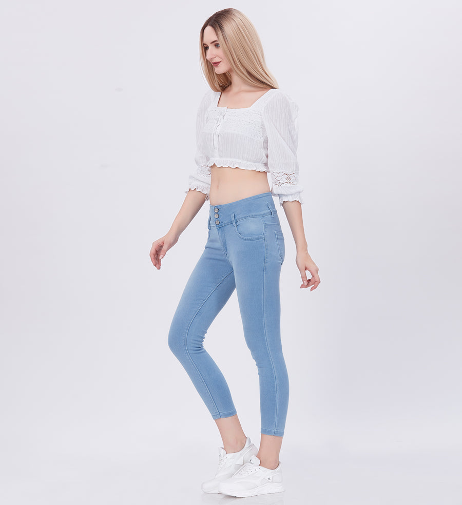 Blum Denim Women's (1920) Ice Blue High-Waist Skinny Fit Ankle-Length Knitted Jeans: Stylish Pencil Fit with Stretchable Comfort