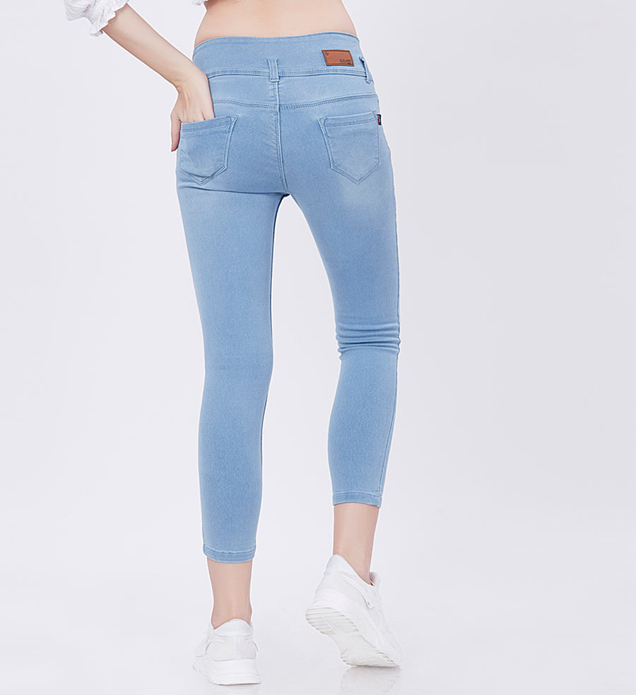 Blum Denim Women's (1920) Ice Blue High-Waist Skinny Fit Ankle-Length Knitted Jeans: Stylish Pencil Fit with Stretchable Comfort