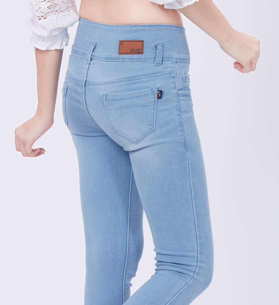 Blum Denim Women's (1920) Ice Blue High-Waist Skinny Fit Ankle-Length Knitted Jeans: Stylish Pencil Fit with Stretchable Comfort