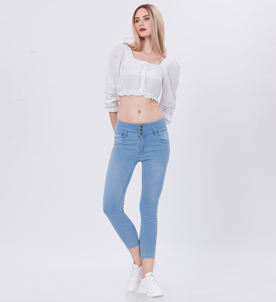 Blum Denim Women's (1920) Ice Blue High-Waist Skinny Fit Ankle-Length Knitted Jeans: Stylish Pencil Fit with Stretchable Comfort