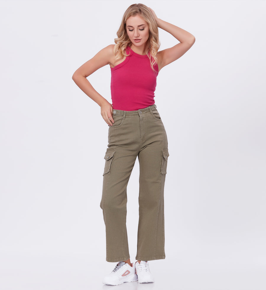 Blum Denim Women's (1831) Pista Straight Fit High-Waist Cargo: Stretchable Knitted Denim Jeans for Effortless Style