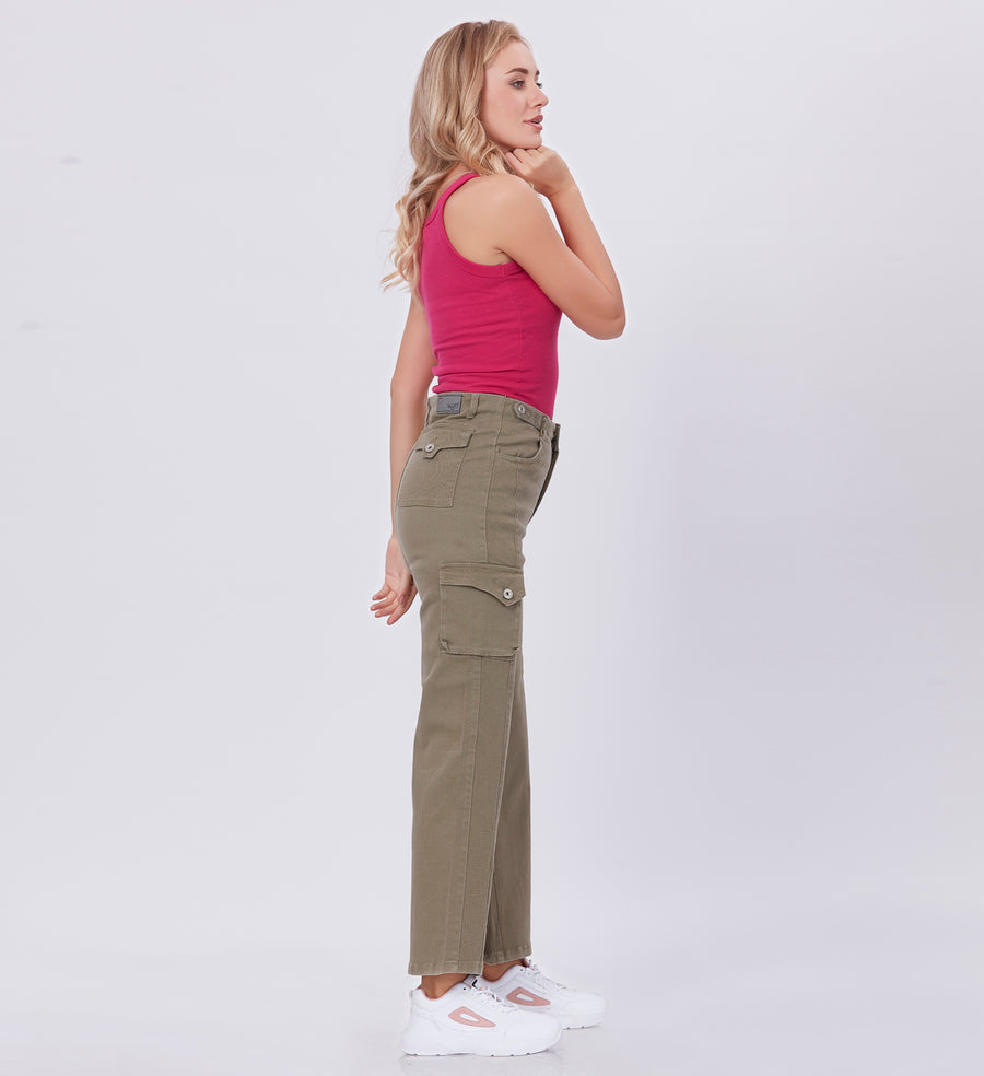 Blum Denim Women's (1831) Pista Straight Fit High-Waist Cargo: Stretchable Knitted Denim Jeans for Effortless Style