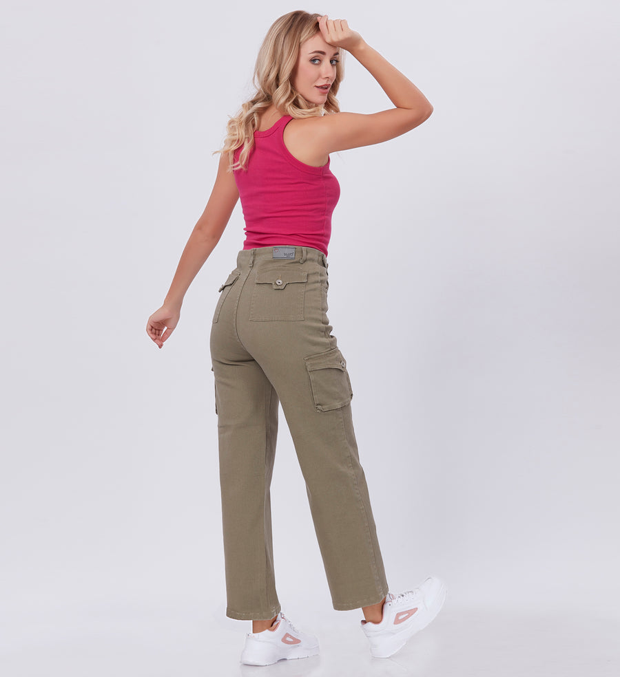 Blum Denim Women's (1831) Pista Straight Fit High-Waist Cargo: Stretchable Knitted Denim Jeans for Effortless Style