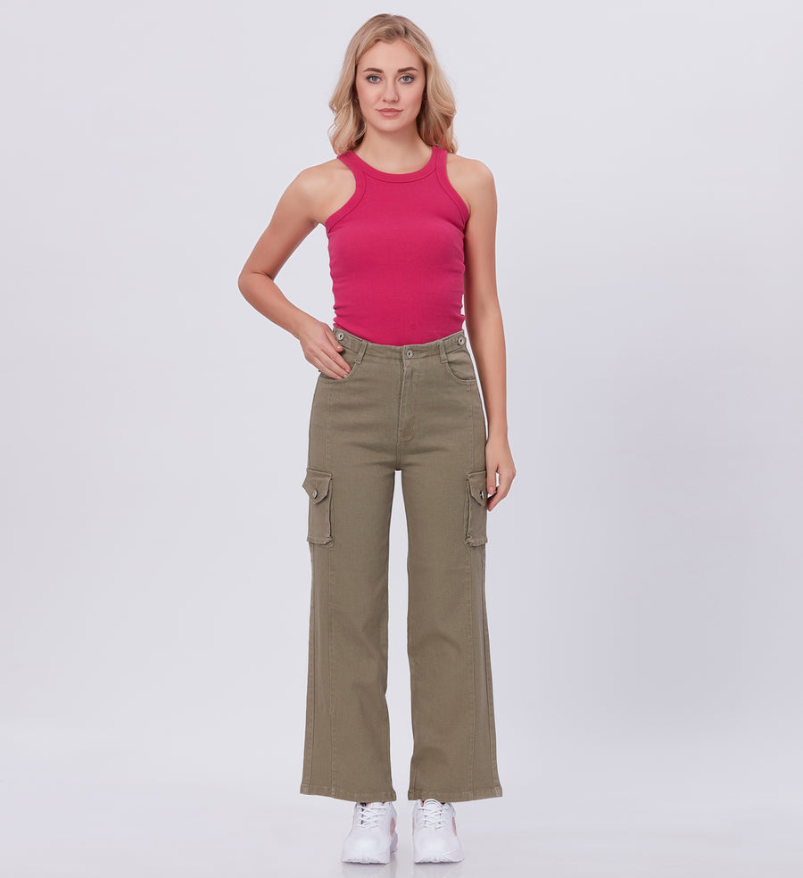 Blum Denim Women's (1831) Pista Straight Fit High-Waist Cargo: Stretchable Knitted Denim Jeans for Effortless Style