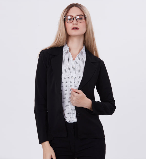 Blum Denim Women's  (1309) Black Regular Fit Single Breasted Double Button Notch Collar Blazer in Lachka Fabric