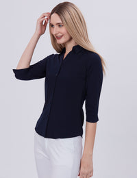 Blum Denim Women's (1001) Navy Blue Formal Shirt with Shirt Collar, 3/4 Sleeves, in Navy Blue Maska Killer Fabric
