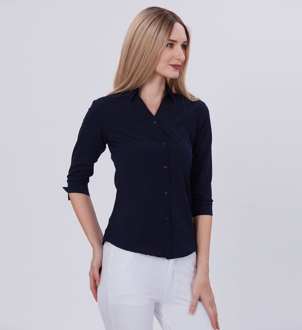 Blum Denim Women's (1001) Navy Blue Formal Shirt with Shirt Collar, 3/4 Sleeves, in Navy Blue Maska Killer Fabric