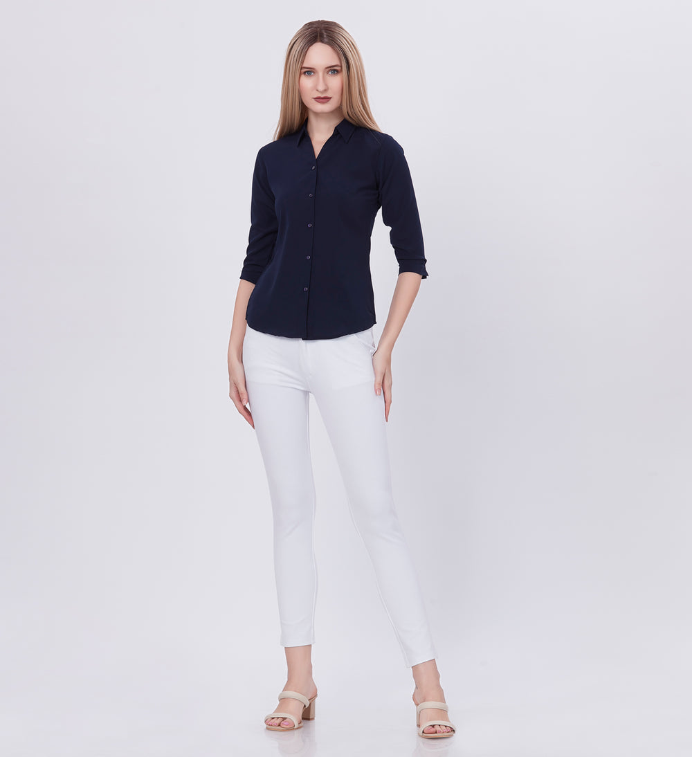 Blum Denim Women's (1001) Navy Blue Formal Shirt with Shirt Collar, 3/4 Sleeves, in Navy Blue Maska Killer Fabric