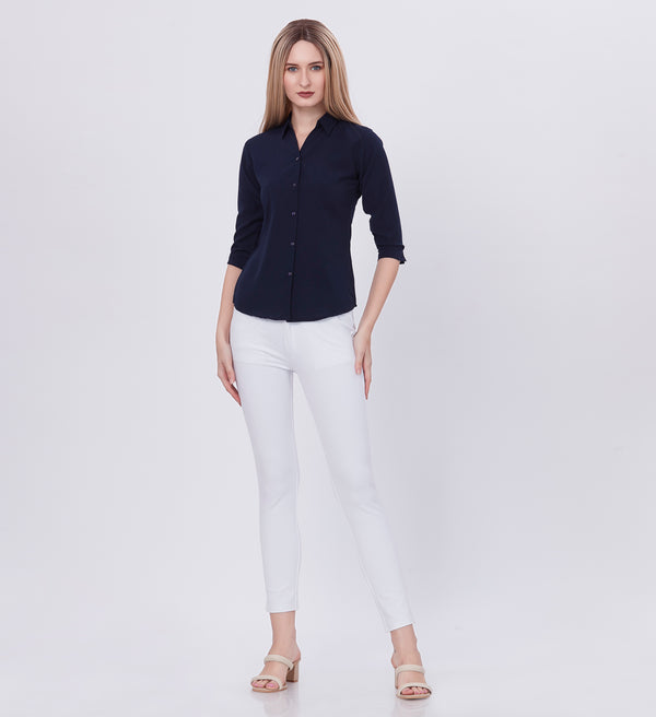Blum Denim Women's (1001) Navy Blue Formal Shirt with Shirt Collar, 3/4 Sleeves, in Navy Blue Maska Killer Fabric