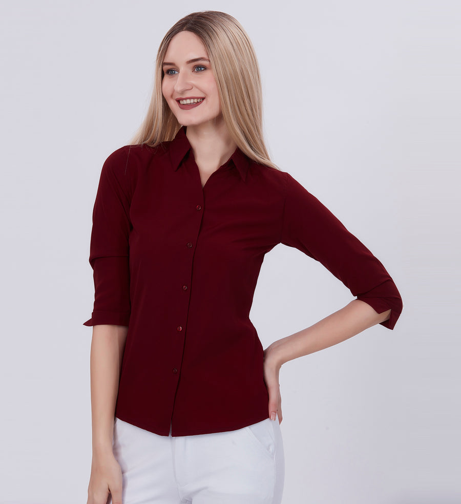 Blum Denim Women's (1001) Maroon Formal Shirt with Shirt Collar, 3/4 Sleeves, in Marron Maska Killer Fabric