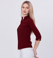 Blum Denim Women's (1001) Maroon Formal Shirt with Shirt Collar, 3/4 Sleeves, in Marron Maska Killer Fabric