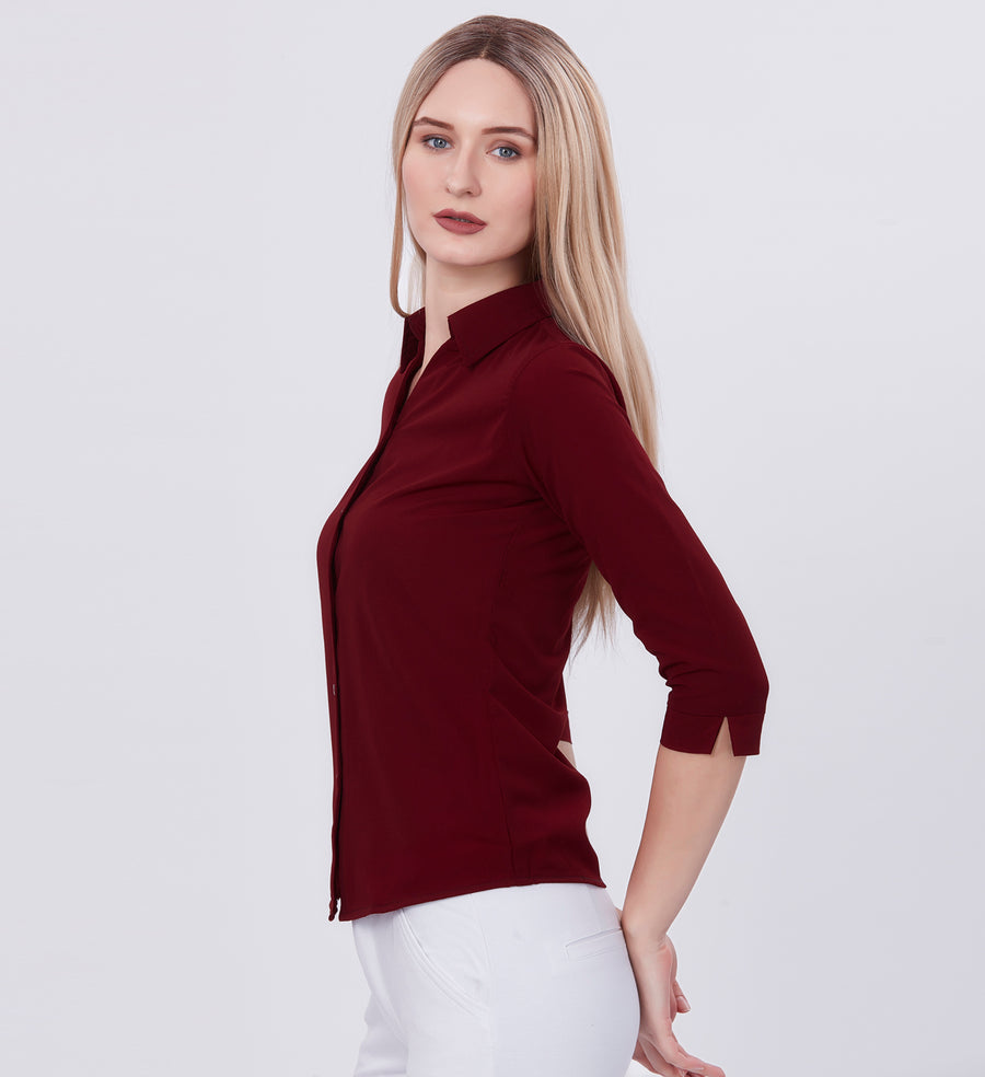 Blum Denim Women's (1001) Maroon Formal Shirt with Shirt Collar, 3/4 Sleeves, in Marron Maska Killer Fabric