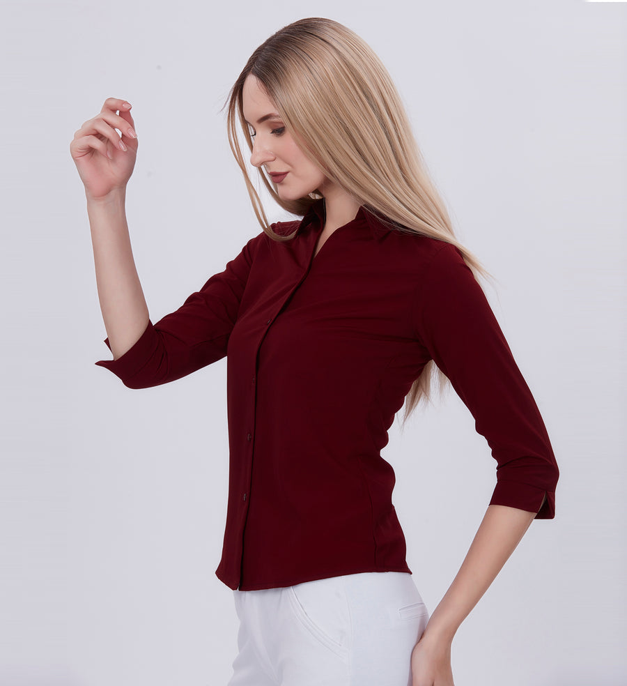 Blum Denim Women's (1001) Maroon Formal Shirt with Shirt Collar, 3/4 Sleeves, in Marron Maska Killer Fabric