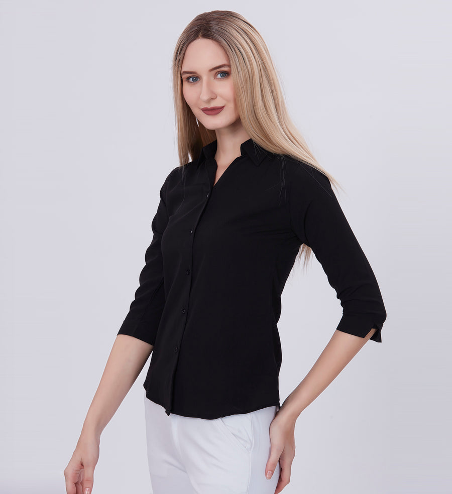 Blum Denim Women's (1001) Black Formal Shirt with Shirt Collar, 3/4 Sleeves, in Black Maska Killer Fabric