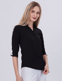 Blum Denim Women's (1001) Black Formal Shirt with Shirt Collar, 3/4 Sleeves, in Black Maska Killer Fabric