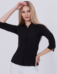 Blum Denim Women's (1001) Black Formal Shirt with Shirt Collar, 3/4 Sleeves, in Black Maska Killer Fabric
