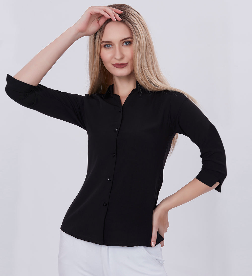 Blum Denim Women's (1001) Black Formal Shirt with Shirt Collar, 3/4 Sleeves, in Black Maska Killer Fabric