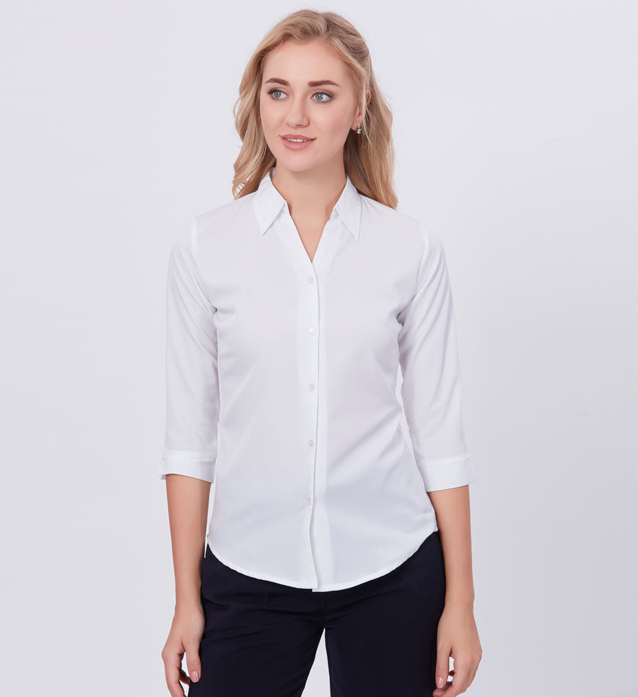 Blum Denim Women's (1002) White Formal Shirt with Shirt Collar, 3/4 Sleeves, in White Inbox Fabric
