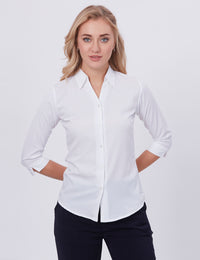 Blum Denim Women's (1002) White Formal Shirt with Shirt Collar, 3/4 Sleeves, in White Inbox Fabric
