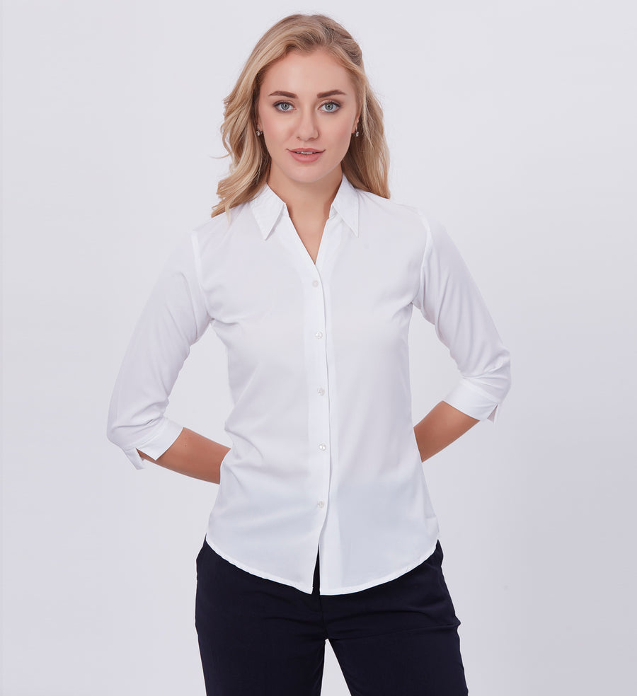 Blum Denim Women's (1002) White Formal Shirt with Shirt Collar, 3/4 Sleeves, in White Inbox Fabric