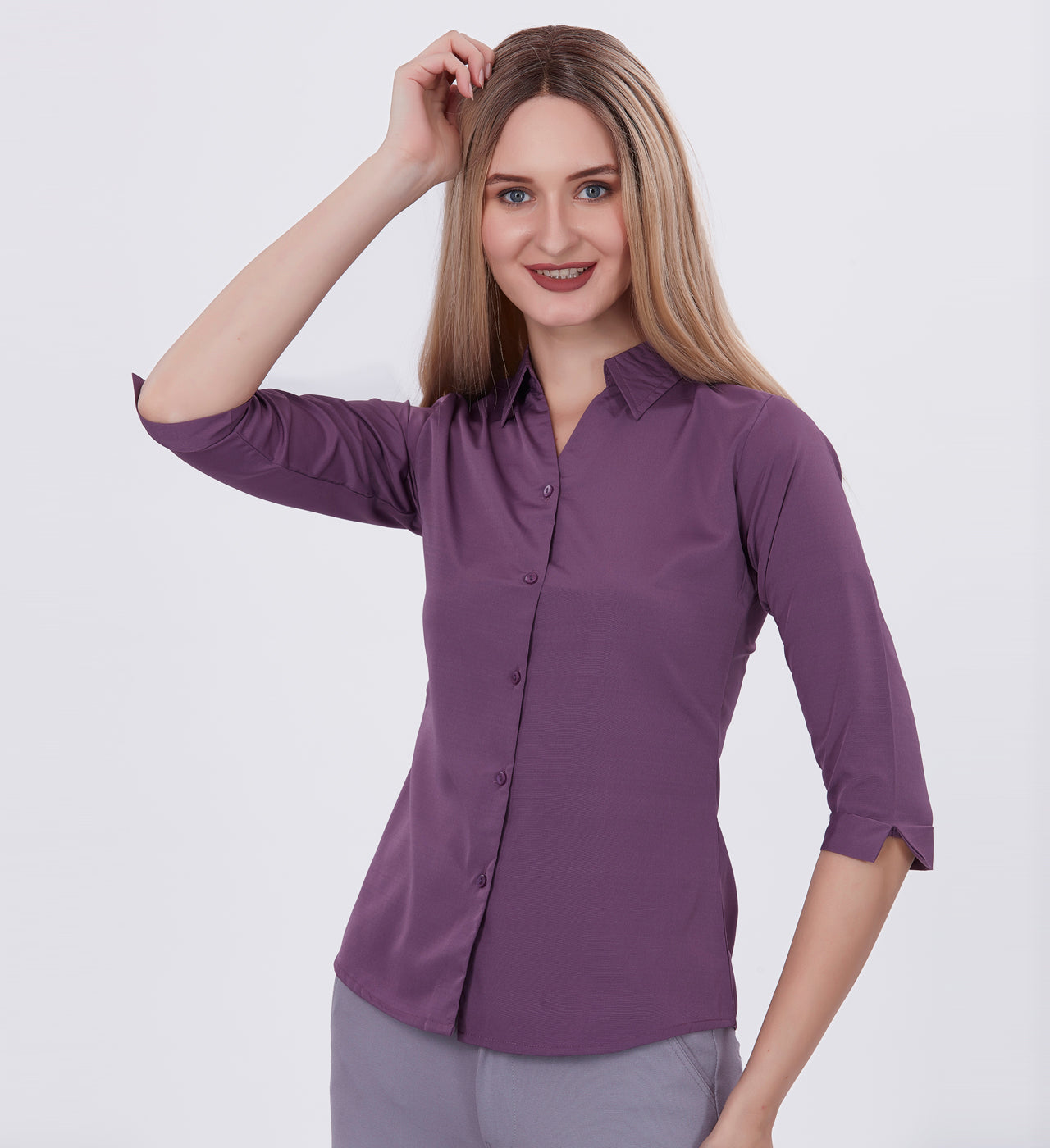 Blum Denim Women's (1002) Purple Formal Shirt with Shirt Collar, 3/4 Sleeves, in White Inbox Fabric