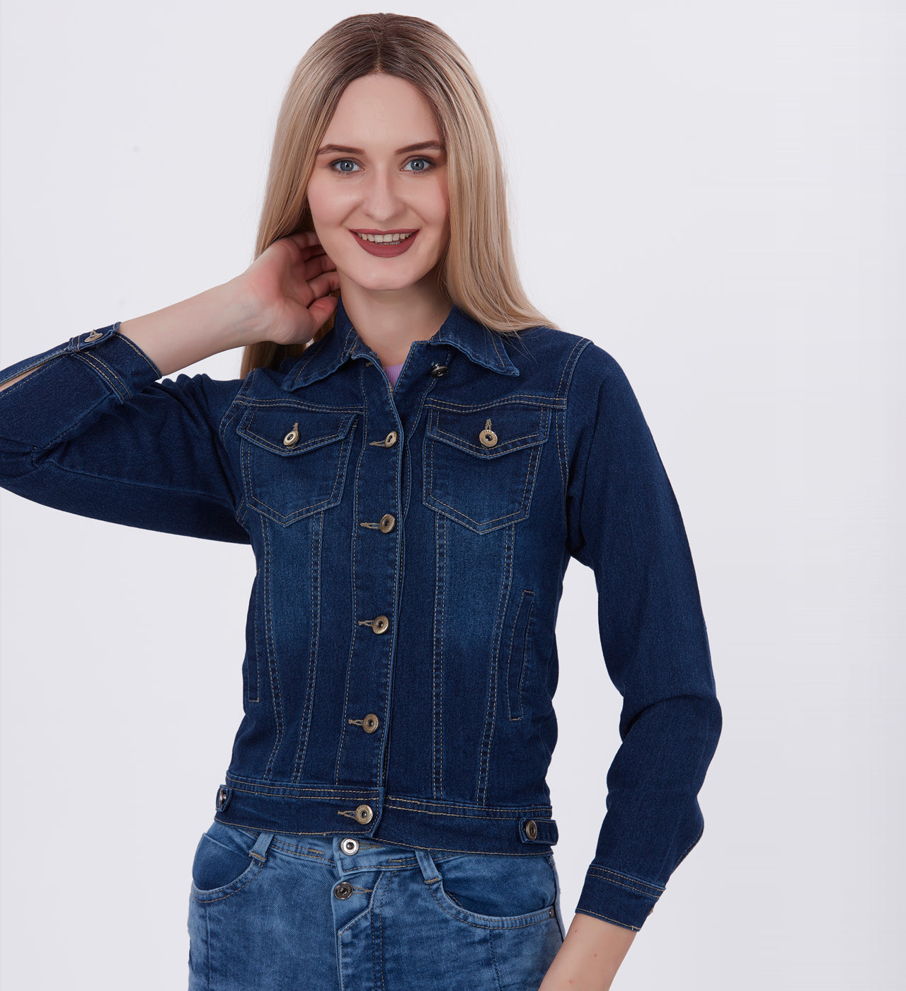 Navy blue denim jacket ladies hotsell