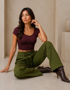 Blum Women's Olive High-Rise Tie-Waist Straight-Fit Trousers | Relaxed Tailored Style (7160OLIVE)