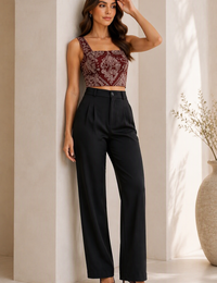 Blum Denim Women's Black High-Rise Pleated Wide-Leg Tailored Trousers | Elegant Formal Fit (2602BLACK)