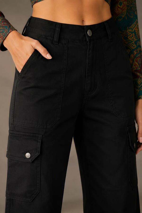 Blum Women's Black High-Rise Straight-Fit Six-Pocket Cargo Pants | Utility Style (3603BLACK)
