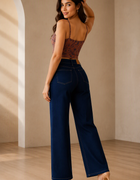 Blum Denim Women's Dark Blue High-Waist Wide-Leg Straight Fit Jeans | Stretchable Casual Denim (3796DX)