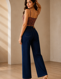 Blum Denim Women's Dark Blue High-Waist Wide-Leg Straight Fit Jeans | Stretchable Casual Denim (3796DX)