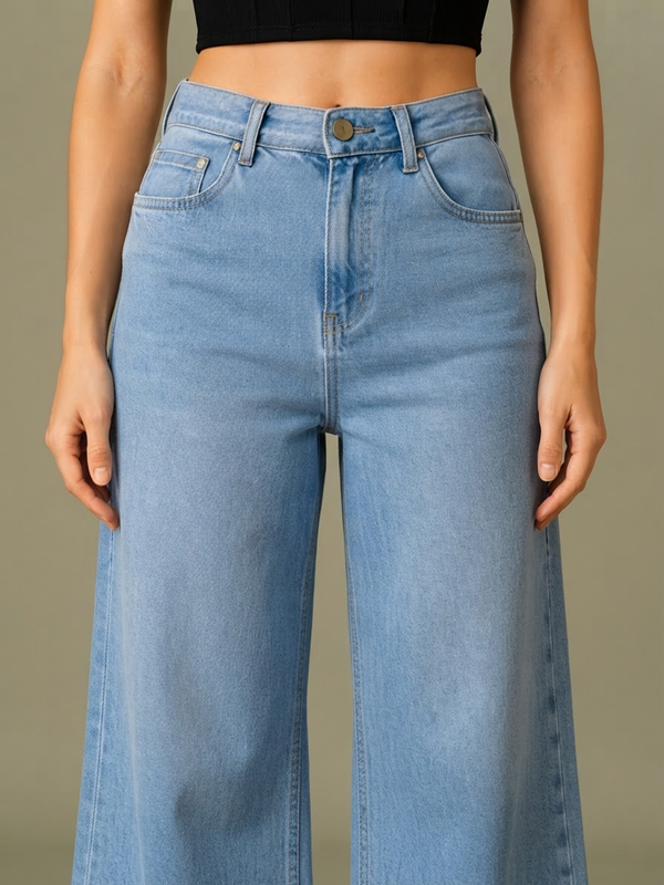 Blum Denim Women's Light Blue High-Waist Wide-Leg Straight Fit Jeans | Stretchable Casual Denim (3796ICE)