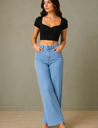 Blum Denim Women's Light Blue High-Waist Wide-Leg Straight Fit Jeans | Stretchable Casual Denim (3796ICE)