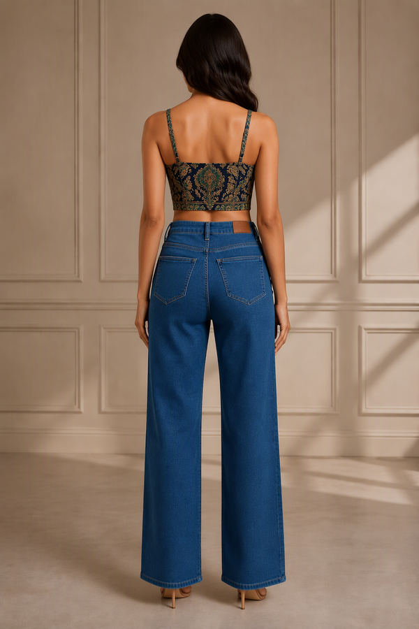 Blum Denim Women's Mid Blue Whisker-Wash High-Rise Straight Jeans | Relaxed Casual Denim (7111STONE)