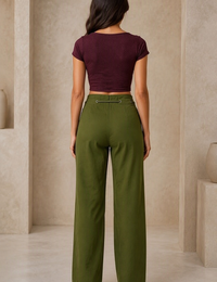 Blum Women's Olive High-Rise Tie-Waist Straight-Fit Trousers | Relaxed Tailored Style (7160OLIVE)
