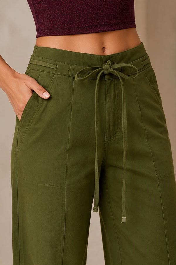 Blum Women's Olive High-Rise Tie-Waist Straight-Fit Trousers | Relaxed Tailored Style (7160OLIVE)
