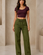 Blum Women's Olive High-Rise Tie-Waist Straight-Fit Trousers | Relaxed Tailored Style (7160OLIVE)