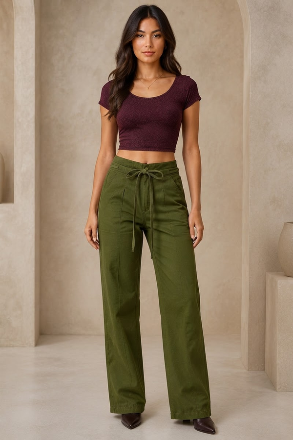 Blum Women's Olive High-Rise Tie-Waist Straight-Fit Trousers | Relaxed Tailored Style (7160OLIVE)