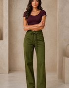 Blum Women's Olive High-Rise Tie-Waist Straight-Fit Trousers | Relaxed Tailored Style (7160OLIVE)