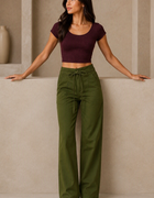 Blum Women's Olive High-Rise Tie-Waist Straight-Fit Trousers | Relaxed Tailored Style (7160OLIVE)