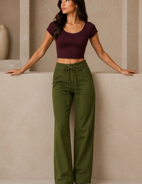Blum Women's Olive High-Rise Tie-Waist Straight-Fit Trousers | Relaxed Tailored Style (7160OLIVE)