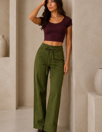 Blum Women's Olive High-Rise Tie-Waist Straight-Fit Trousers | Relaxed Tailored Style (7160OLIVE)
